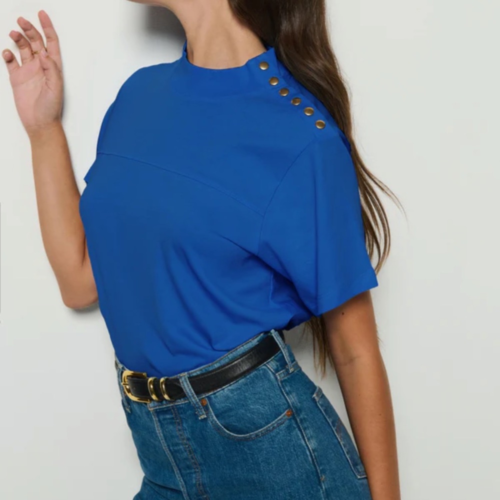 Nation LTD Yvette Mock Neck Tee in Blue Tile
